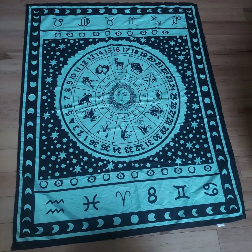 Zodiac Celestial Tapestry Sun Astrology Wall Hanging Teal Black 48x60 Boho Decor